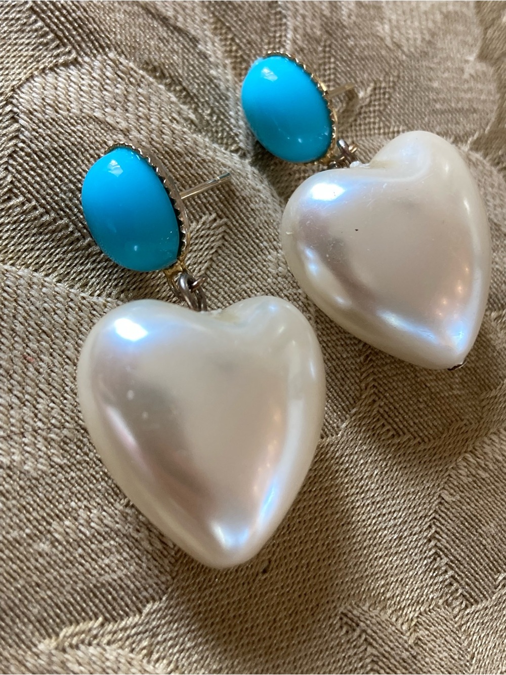 Turquoise and White Puffed Heart Drop Earrings